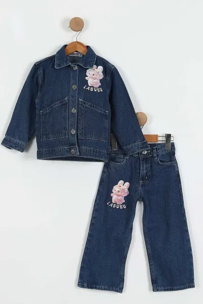 Mavi (3-10 Yaş)Karakter Baskılı Kot Ceket Pantolonlu Kız Çocuk Takım 427200