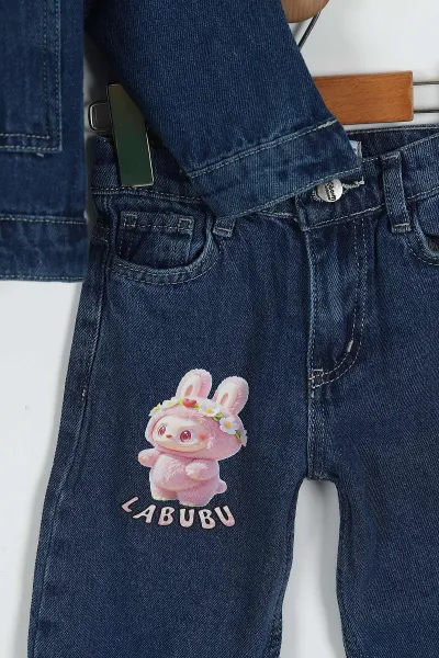 Mavi (3-10 Yaş)Karakter Baskılı Kot Ceket Pantolonlu Kız Çocuk Takım 427200