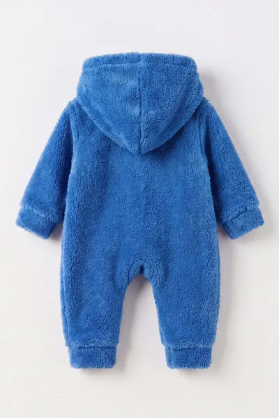 Mavi (3-12 Ay) Bıyık Nakışlı Kapüşonlu Wellsoft Bebek Tulum 497225