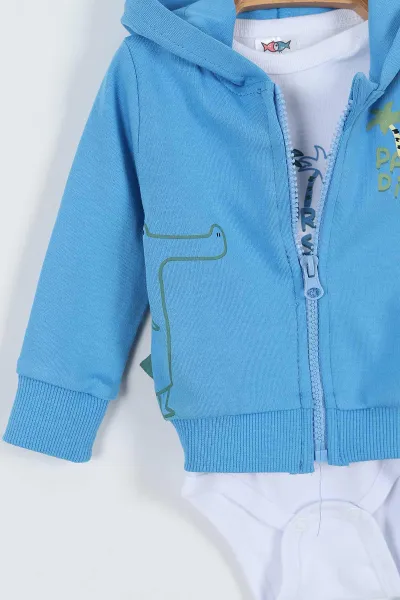Mavi (3-12 Ay) Paradise Baskılı Kapüşonlu İnterlok Erkek Bebek 3'lü Takım 335780