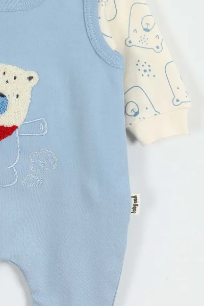 Mavi (3-12 Ay)Fularlı Ayı Nakışlı Erkek Bebek Salopet Takım 424718