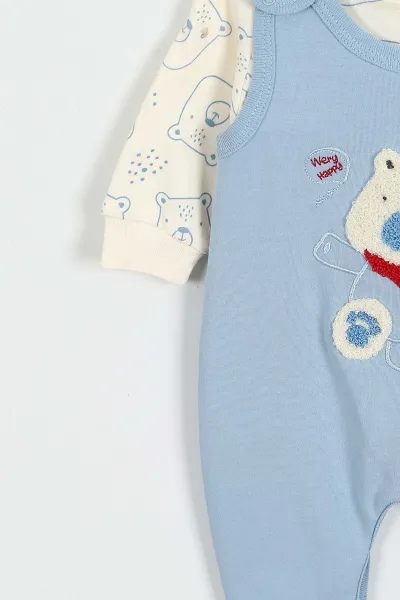 Mavi (3-12 Ay)Fularlı Ayı Nakışlı Erkek Bebek Salopet Takım 424718