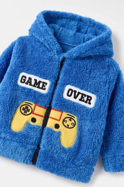 Mavi (3-24 Ay) Game Over Nakışlı Fermuarlı ve Kapüşonlu Erkek Bebek Peluş Takım 497122