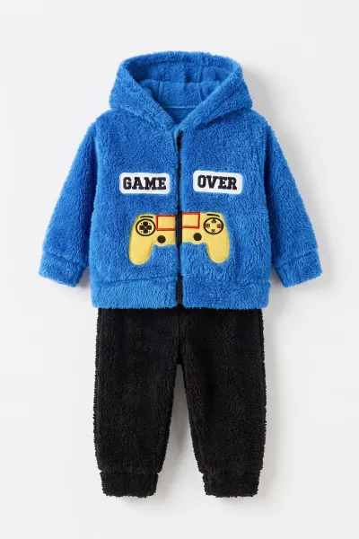 Mavi (3-24 Ay) Game Over Nakışlı Fermuarlı ve Kapüşonlu Erkek Bebek Peluş Takım 497122