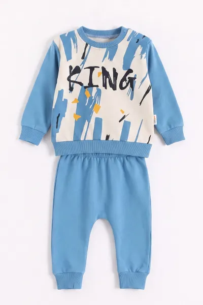 Mavi (3-24 Ay) King Baskılı Erkek Bebek 2'li  Takım 473029