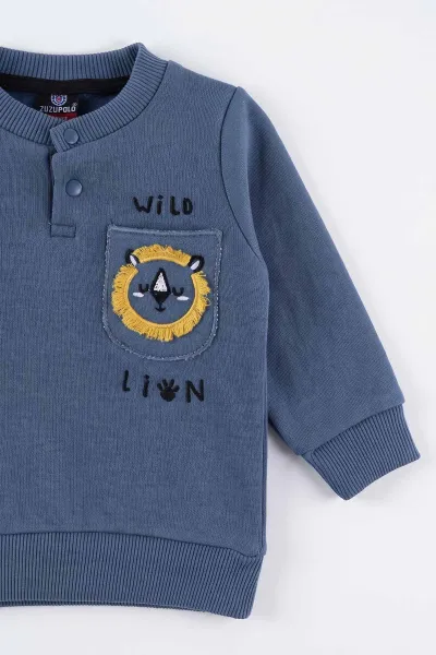 Mavi (3-24 Ay)  Lion Nakışlı Cep Detaylı  3 İp Şardonlu Erkek Bebek Kışlık Takım 495607