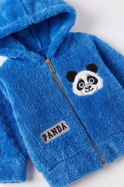Mavi (3-24 Ay) Panda Nakışlı Fermuarlı ve Kapüşonlu Erkek Bebek Peluş Takım 497028