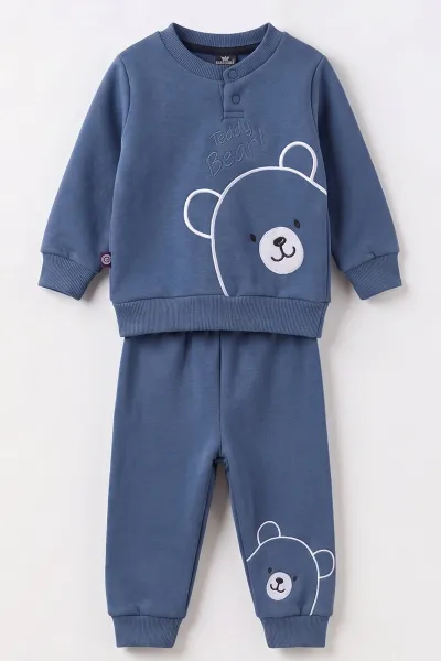 Mavi (3-24 Ay) Teddy Bear  Nakışlı  3 İp Şardonlu Erkek Bebek Kışlık Takım 495595