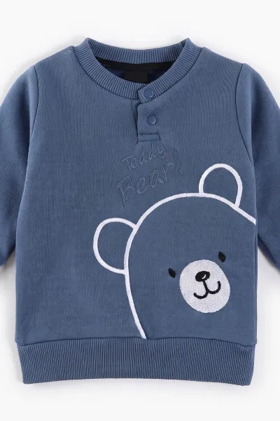 Mavi (3-24 Ay) Teddy Bear  Nakışlı  3 İp Şardonlu Erkek Bebek Kışlık Takım 495595