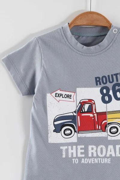 Mavi (3-24 Ay) The Road Baskılı Omuzdan Çıtçıtlı Tişört ve Şortlu Erkek Bebek Yazlık Takım 468050