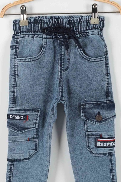 Mavi (3-7 Yaş) Beli Lastikli Belden Bağlamalı Respect Nakışlı Kargo Cep Detaylı Erkek Çocuk Pantolon 174678
