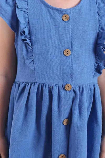 Mavi (3-8 Yaş)Önden Fırfırlı Düğmeli Kız Çocuk Elbise 345125