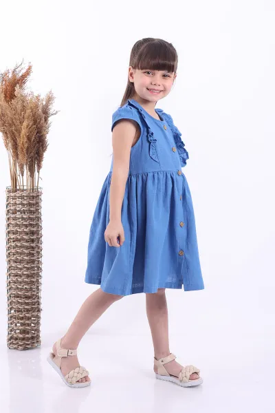 Mavi (3-8 Yaş)Önden Fırfırlı Düğmeli Kız Çocuk Elbise 345125
