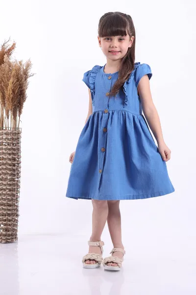 Mavi (3-8 Yaş)Önden Fırfırlı Düğmeli Kız Çocuk Elbise 345125