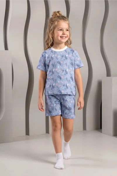 Mavi (3-8 Yaş)Pelikan Desenli Şortlu Kız Çocuk Pijama Takımı 461470