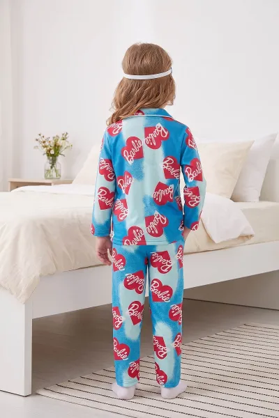 Mavi (4-12 Yaş) Desenli   Uzun Kol  Ön Düğmeli Göz Bandı Detaylı Kız Çocuk Pijama Takım 473657
