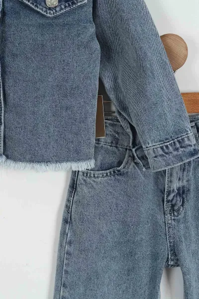 Mavi (4-12 Yaş) Lazer Kesim Klasik Kot Kız Çocuk 2'li Takım 428893