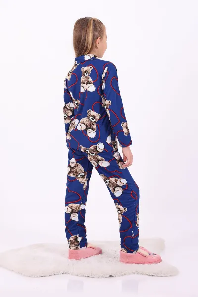 Mavi (4-12 Yaş)Ayıcık Desenli Düğmeli Kız Çocuk Pijama Takımı 329806