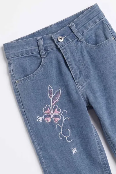 Mavi (5-12 Yaş)Nakışlı  Kız Çocuk Kot Pantolon 495096
