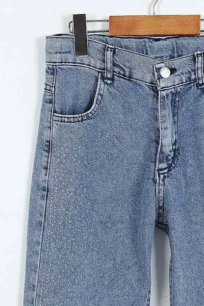 Mavi (6-10 Yaş) Taş   Baskılı Bol Paça Kız Çocuk Kot Pantolon 397869