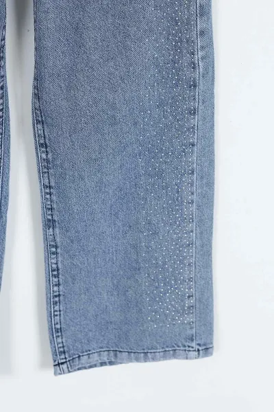Mavi (6-10 Yaş) Taş   Baskılı Bol Paça Kız Çocuk Kot Pantolon 397869
