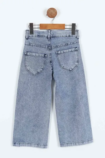 Mavi (6-10 Yaş)Fiyonk Nakışlı Bol Paça Kız Çocuk Kot Pantolon 403154