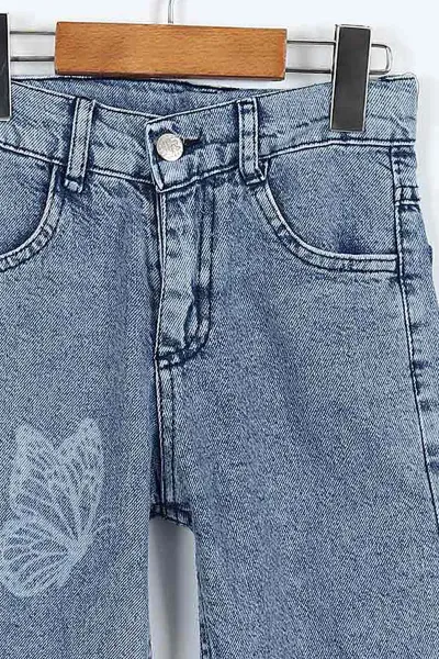 Mavi (6-10 Yaş)Kelebek Baskılı Bol Paça Kız Çocuk Kot Pantolon 403140