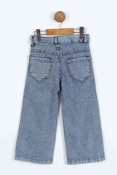 Mavi (6-10 Yaş)Kelebek Baskılı Bol Paça Kız Çocuk Kot Pantolon 403140