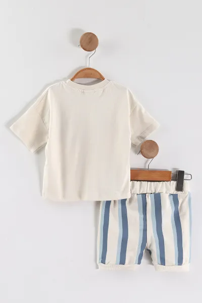 Mavi (6-12 Ay-3-4 Yaş) Cute Baskılı Tişörtlü Çizgili Şortlu Erkek Çocuk Yazlık Takım 452951