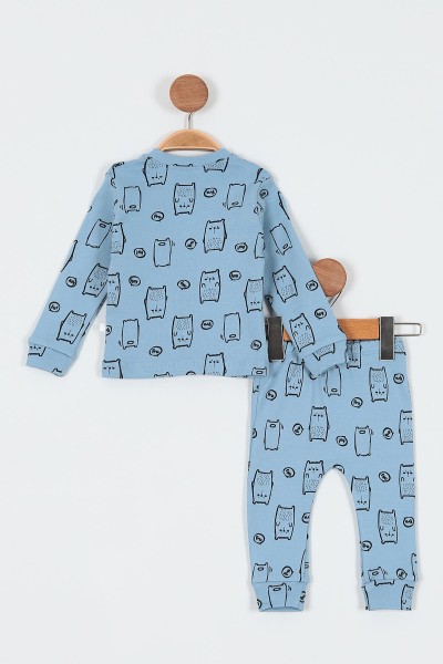 Mavi (6-12 Ay) Kedi Baskılı Önü Çıtçıtlı Erkek Bebe Pijama Takım 196986