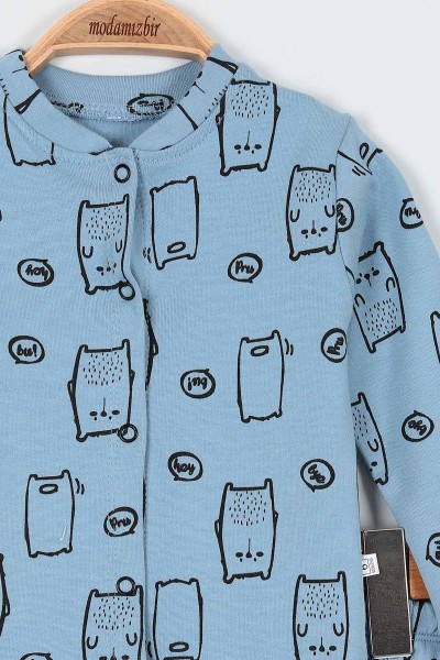 Mavi (6-12 Ay) Kedi Baskılı Önü Çıtçıtlı Erkek Bebe Pijama Takım 196986
