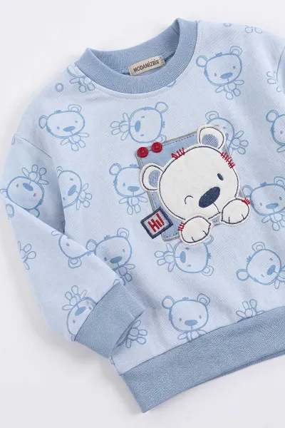 Mavi (6-12 Ay)Ayı Nakışlı Erkek Bebek Takım 476800