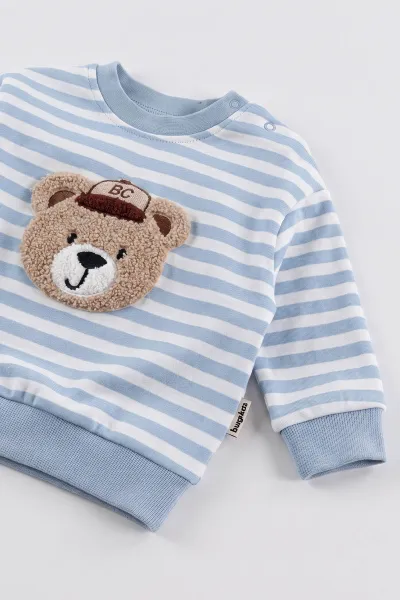 Mavi (6-12 Ay)Süzene Ayıcık Nakışlı Çizgili Erkek Bebek Takım 476497