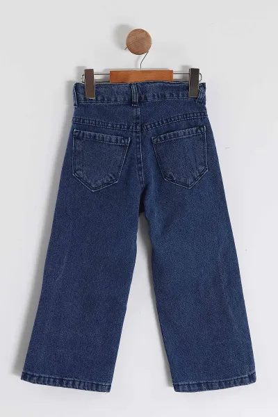 Mavi (6-12 Yaş)Kelebek Nakışlı Bol Paça Kız Çocuk Kot Pantolon 455375