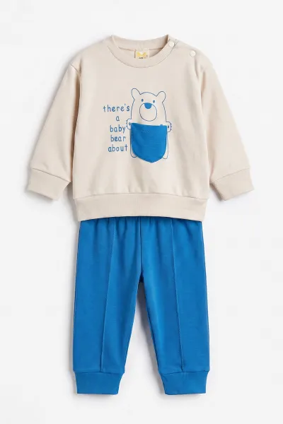 Mavi (6-18 Ay)Bear Baskılı Cep Detaylı Çıtçıtlı Çimalı Erkek Bebek Takım 477820