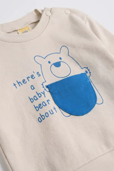 Mavi (6-18 Ay)Bear Baskılı Cep Detaylı Çıtçıtlı Çimalı Erkek Bebek Takım 477820