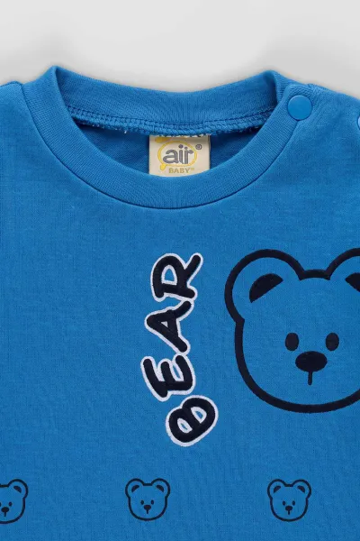 Mavi (6-18 Ay)Bear Baskılı Çıtçıtlı Çimalı Erkeke Bebek Takım 477412