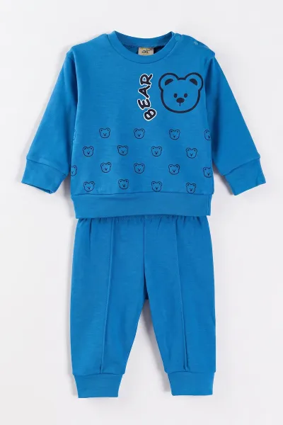Mavi (6-18 Ay)Bear Baskılı Çıtçıtlı Çimalı Erkeke Bebek Takım 477412
