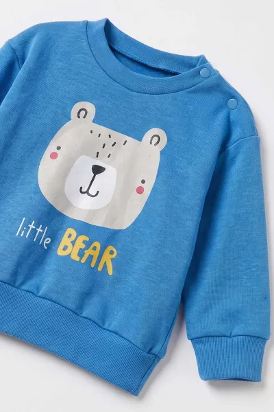 Mavi (6-18 Ay)Little Bear Baskılı Çıtçıtlı Çimalı Erkek Bebek Takım 477948