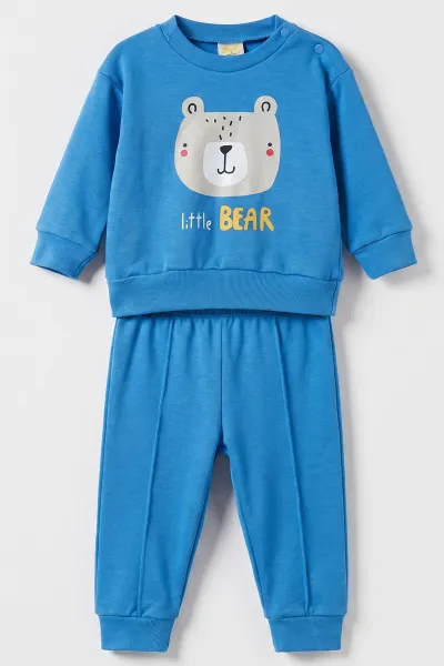 Mavi (6-18 Ay)Little Bear Baskılı Çıtçıtlı Çimalı Erkek Bebek Takım 477948