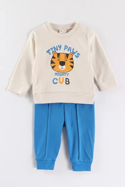 Mavi (6-18 Ay)Tiny Paws Baskılı Çıtçıtlı Çimalı Erkek Bebek Takım 477852
