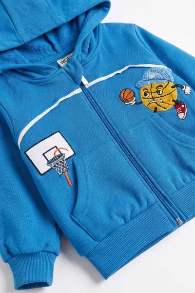Mavi (6-24 Ay) Basket Nakışlı Kapüşon ve Kanguru Cepli İki İp Erkek Bebek Takım 473116