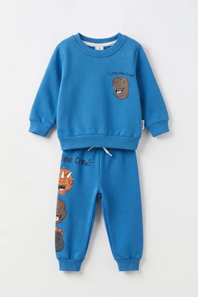 Mavi (6-24 Ay) Dino Baskılı 3 İp Şardonlu Erkek Bebek Kışlık Takım 496130