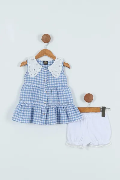 Mavi (6-24 Ay) Ekoseli Dantel Yakalı Pötikare Kız Bebek Elbise 272257