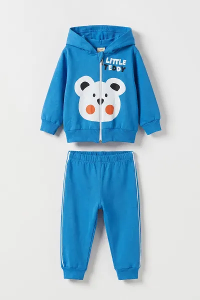 Mavi (6-24 Ay) Little Teddy Baskılı Kapüşonlu Fermuarlı Erkek Bebek Takım 473145