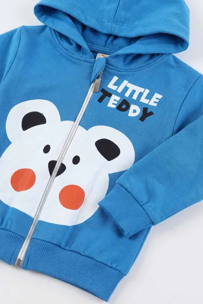Mavi (6-24 Ay) Little Teddy Baskılı Kapüşonlu Fermuarlı Erkek Bebek Takım 473145