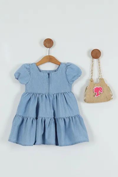 Mavi (6-9 Yaş) Barbie Nakışlı Kol Lastikli Çantalı Kız Çocuk Elbise 257349