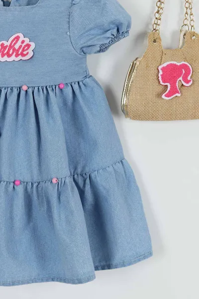 Mavi (6-9 Yaş) Barbie Nakışlı Kol Lastikli Çantalı Kız Çocuk Elbise 257349