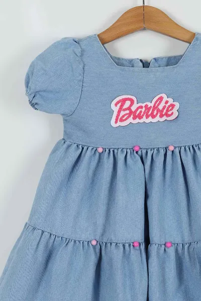 Mavi (6-9 Yaş) Barbie Nakışlı Kol Lastikli Çantalı Kız Çocuk Elbise 257349