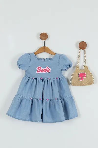 Mavi (6-9 Yaş) Barbie Nakışlı Kol Lastikli Çantalı Kız Çocuk Elbise 257349